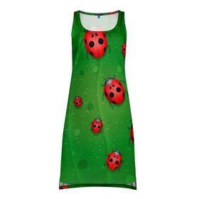 Платье-майка 3D с принтом БОЖЬИ КОРОВКИ в Тюмени, 100% полиэстер | полуприлегающий силуэт, широкие бретели, круглый вырез горловины, удлиненный подол сзади. | tegunvteg | божьи | букашки | деревья | зеленый | коровки | лес | листья | насекомые | природа | пятна | тараканы