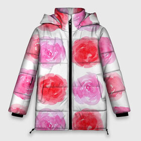 Женская зимняя куртка 3D с принтом Розы в Тюмени, верх — 100% полиэстер; подкладка — 100% полиэстер; утеплитель — 100% полиэстер | длина ниже бедра, силуэт Оверсайз. Есть воротник-стойка, отстегивающийся капюшон и ветрозащитная планка. 

Боковые карманы с листочкой на кнопках и внутренний карман на молнии | весна | красный | паттерн | розовый | розы | цветы