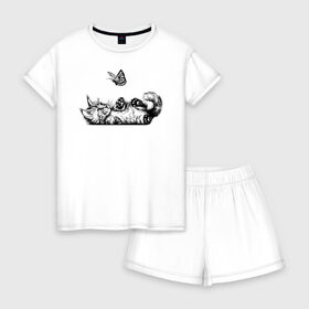 Женская пижама с шортиками хлопок с принтом Котик в Тюмени, 100% хлопок | футболка прямого кроя, шорты свободные с широкой мягкой резинкой | бабочка | животное | котик | милый | пушистик