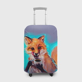 Чехол для чемодана 3D с принтом Лиса с кофе в Тюмени, 86% полиэфир, 14% спандекс | двустороннее нанесение принта, прорези для ручек и колес | fox | foxy | животное | звери | лиса | лисенок | лисичка | милая | рыжая | фокс