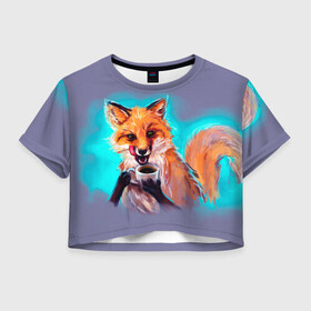 Женская футболка Crop-top 3D с принтом Лиса с кофе в Тюмени, 100% полиэстер | круглая горловина, длина футболки до линии талии, рукава с отворотами | fox | foxy | животное | звери | лиса | лисенок | лисичка | милая | рыжая | фокс