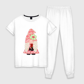 Женская пижама хлопок с принтом Девочка-гномик в Тюмени, 100% хлопок | брюки и футболка прямого кроя, без карманов, на брюках мягкая резинка на поясе и по низу штанин | Тематика изображения на принте: гном | любовь | сердечко