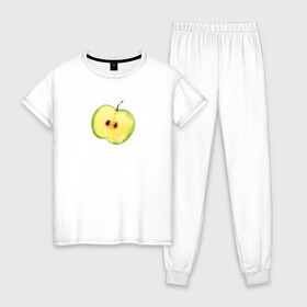 Женская пижама хлопок с принтом Яблочко в Тюмени, 100% хлопок | брюки и футболка прямого кроя, без карманов, на брюках мягкая резинка на поясе и по низу штанин | зеленое | фрукты | яблоко