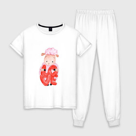 Женская пижама хлопок с принтом Барашка в Тюмени, 100% хлопок | брюки и футболка прямого кроя, без карманов, на брюках мягкая резинка на поясе и по низу штанин | баран | любовь | сердечко