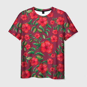 Мужская футболка 3D с принтом Гибискусы на вишневом фоне в Тюмени, 100% полиэфир | прямой крой, круглый вырез горловины, длина до линии бедер | 8 марта | flowers | summer | ботаническая иллюстрация | весна | вишневый | гибискус | зеленый | красный | лето | любовь | праздник | принт | природа | растения | цветы