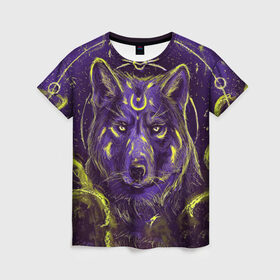 Женская футболка 3D с принтом Волшебный Волк в Тюмени, 100% полиэфир ( синтетическое хлопкоподобное полотно) | прямой крой, круглый вырез горловины, длина до линии бедер | animals | wolf | волк | волки | животные | звери | зверь | магия | одиночество | одиночка | пёс | собака