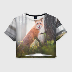 Женская футболка Crop-top 3D с принтом Лисица в Тюмени, 100% полиэстер | круглая горловина, длина футболки до линии талии, рукава с отворотами | fox | foxy | животное | звери | лиса | лисенок | лисичка | милая | рыжая | фокс