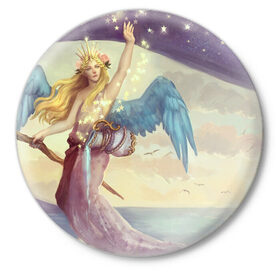 Значок с принтом Богиня утренней зари в Тюмени,  металл | круглая форма, металлическая застежка в виде булавки | fantasy | magic | sea | sky | star | греция | девушка | звезды | крылья | магия | море | небо | фэнтези