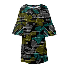Детское платье 3D с принтом Futuristic Camo в Тюмени, 100% полиэстер | прямой силуэт, чуть расширенный к низу. Круглая горловина, на рукавах — воланы | Тематика изображения на принте: cyberpunk | glitch | глитч | камуфляж | киберпанк | футуристичный