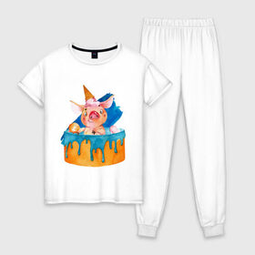 Женская пижама хлопок с принтом Свинка в Тюмени, 100% хлопок | брюки и футболка прямого кроя, без карманов, на брюках мягкая резинка на поясе и по низу штанин | свинья | тортик | хрюшка