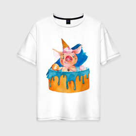 Женская футболка хлопок Oversize с принтом Свинка в Тюмени, 100% хлопок | свободный крой, круглый ворот, спущенный рукав, длина до линии бедер
 | свинья | тортик | хрюшка