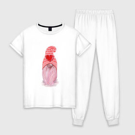Женская пижама хлопок с принтом Гномик в Тюмени, 100% хлопок | брюки и футболка прямого кроя, без карманов, на брюках мягкая резинка на поясе и по низу штанин | гномье | сердечки