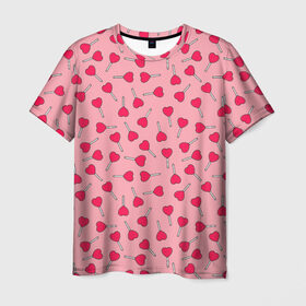 Мужская футболка 3D с принтом Сердечки на палочках в Тюмени, 100% полиэфир | прямой крой, круглый вырез горловины, длина до линии бедер | 8 марта | love | девочки | женская | леденцы | любовь | подружке | сердечки | сосачки | чупа чупс