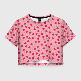 Женская футболка Crop-top 3D с принтом Сердечки на палочках в Тюмени, 100% полиэстер | круглая горловина, длина футболки до линии талии, рукава с отворотами | 8 марта | love | девочки | женская | леденцы | любовь | подружке | сердечки | сосачки | чупа чупс