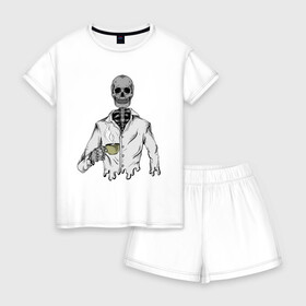 Женская пижама с шортиками хлопок с принтом Скелет с кофе в Тюмени, 100% хлопок | футболка прямого кроя, шорты свободные с широкой мягкой резинкой | горячий | кости | кофе | кружка | скелет | хипстер | череп