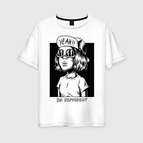 Женская футболка хлопок Oversize с принтом Be Different в Тюмени, 100% хлопок | свободный крой, круглый ворот, спущенный рукав, длина до линии бедер
 | девушка | каре | кепка | лицо | надпись | очки | фраза | хипстер