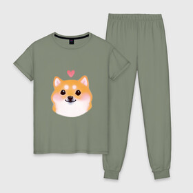 Женская пижама хлопок с принтом Сиба Ину в Тюмени, 100% хлопок | брюки и футболка прямого кроя, без карманов, на брюках мягкая резинка на поясе и по низу штанин | милый щенок | пес с сердчечком | песик | сиба ину | собака