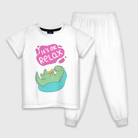 Детская пижама хлопок с принтом Its ok relax в Тюмени, 100% хлопок |  брюки и футболка прямого кроя, без карманов, на брюках мягкая резинка на поясе и по низу штанин
 | relax | вектор | динозавр | динос | нежные цвета | отдых | пастель