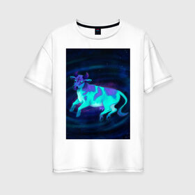 Женская футболка хлопок Oversize с принтом Космо-корова в Тюмени, 100% хлопок | свободный крой, круглый ворот, спущенный рукав, длина до линии бедер
 | галактика | инопланетянин | корова | космическая | космос