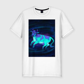 Мужская футболка хлопок Slim с принтом Космо-корова в Тюмени, 92% хлопок, 8% лайкра | приталенный силуэт, круглый вырез ворота, длина до линии бедра, короткий рукав | галактика | инопланетянин | корова | космическая | космос