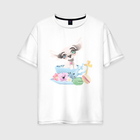 Женская футболка хлопок Oversize с принтом Собачка в Тюмени, 100% хлопок | свободный крой, круглый ворот, спущенный рукав, длина до линии бедер
 | еда | животные | макарун | маленкое зло | натюрморт | наушники | шпиц