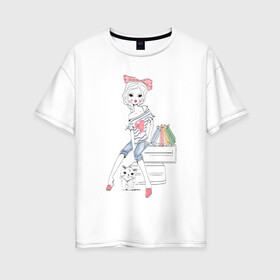 Женская футболка хлопок Oversize с принтом Девушка в Тюмени, 100% хлопок | свободный крой, круглый ворот, спущенный рукав, длина до линии бедер
 | tegunvteg | дама с собачкой | животные | кошечка | кошка | силуэт