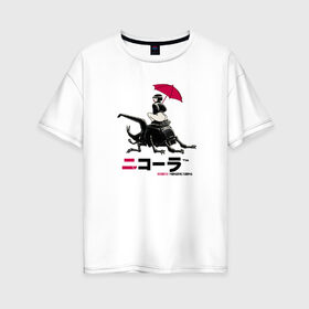 Женская футболка хлопок Oversize с принтом Cyberpunk 2077 Nicola drink в Тюмени, 100% хлопок | свободный крой, круглый ворот, спущенный рукав, длина до линии бедер
 | bug | cyberpunk 2077 | drink | girl | japan | nicola