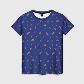 Женская футболка 3D с принтом WATERMELON fresh в Тюмени, 100% полиэфир ( синтетическое хлопкоподобное полотно) | прямой крой, круглый вырез горловины, длина до линии бедер | berries | fresh | fruits | арбуз | летний | свежий | яркий