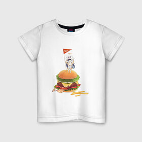 Детская футболка хлопок с принтом Завоевательница Паймон в Тюмени, 100% хлопок | круглый вырез горловины, полуприлегающий силуэт, длина до линии бедер | арт | бургер | голодная паймон | жареная картошка | захват | захватчик | картошка фри | паймон | рисунок | флаг | флажок