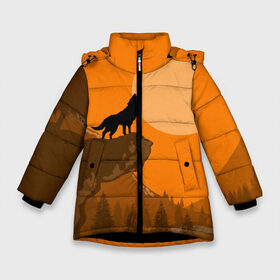 Зимняя куртка для девочек 3D с принтом Оранжевый закат в Тюмени, ткань верха — 100% полиэстер; подклад — 100% полиэстер, утеплитель — 100% полиэстер. | длина ниже бедра, удлиненная спинка, воротник стойка и отстегивающийся капюшон. Есть боковые карманы с листочкой на кнопках, утяжки по низу изделия и внутренний карман на молнии. 

Предусмотрены светоотражающий принт на спинке, радужный светоотражающий элемент на пуллере молнии и на резинке для утяжки. | animals | wolf | волк | волки | животные | звери | зверь | луна | одиночество | одиночка | пёс | собака
