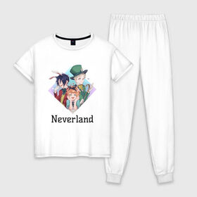 Женская пижама хлопок с принтом Neverland в Тюмени, 100% хлопок | брюки и футболка прямого кроя, без карманов, на брюках мягкая резинка на поясе и по низу штанин | 