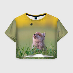 Женская футболка Crop-top 3D с принтом Лисенок и пчелка в Тюмени, 100% полиэстер | круглая горловина, длина футболки до линии талии, рукава с отворотами | fox | foxy | животное | звери | лиса | лисенок | лисичка | милая | рыжая | фокс