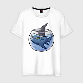 Мужская футболка хлопок с принтом Акула в аквариуме в Тюмени, 100% хлопок | прямой крой, круглый вырез горловины, длина до линии бедер, слегка спущенное плечо. | fish | аквариум | акула | рыба