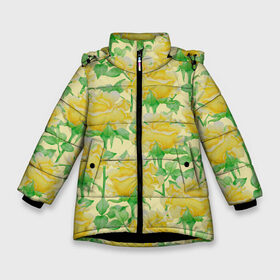 Зимняя куртка для девочек 3D с принтом Желтые розы на желтом фоне в Тюмени, ткань верха — 100% полиэстер; подклад — 100% полиэстер, утеплитель — 100% полиэстер. | длина ниже бедра, удлиненная спинка, воротник стойка и отстегивающийся капюшон. Есть боковые карманы с листочкой на кнопках, утяжки по низу изделия и внутренний карман на молнии. 

Предусмотрены светоотражающий принт на спинке, радужный светоотражающий элемент на пуллере молнии и на резинке для утяжки. | 8 марта | flowers | summer | ботаническая иллюстрация | весна | желтый | зеленый | лето | листья | любовь | праздник | принт | природа | растения | розы | цветы