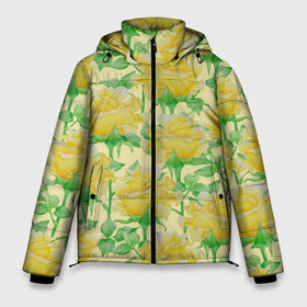 Мужская зимняя куртка 3D с принтом Желтые розы на желтом фоне в Тюмени, верх — 100% полиэстер; подкладка — 100% полиэстер; утеплитель — 100% полиэстер | длина ниже бедра, свободный силуэт Оверсайз. Есть воротник-стойка, отстегивающийся капюшон и ветрозащитная планка. 

Боковые карманы с листочкой на кнопках и внутренний карман на молнии. | 8 марта | flowers | summer | ботаническая иллюстрация | весна | желтый | зеленый | лето | листья | любовь | праздник | принт | природа | растения | розы | цветы