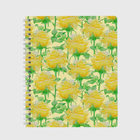 Тетрадь с принтом Желтые розы на желтом фоне в Тюмени, 100% бумага | 48 листов, плотность листов — 60 г/м2, плотность картонной обложки — 250 г/м2. Листы скреплены сбоку удобной пружинной спиралью. Уголки страниц и обложки скругленные. Цвет линий — светло-серый
 | 8 марта | flowers | summer | ботаническая иллюстрация | весна | желтый | зеленый | лето | листья | любовь | праздник | принт | природа | растения | розы | цветы