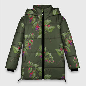 Женская зимняя куртка 3D с принтом Ветки фуксии на темно зеленом в Тюмени, верх — 100% полиэстер; подкладка — 100% полиэстер; утеплитель — 100% полиэстер | длина ниже бедра, силуэт Оверсайз. Есть воротник-стойка, отстегивающийся капюшон и ветрозащитная планка. 

Боковые карманы с листочкой на кнопках и внутренний карман на молнии | 8 марта | flowers | summer | ботаническая иллюстрация | весна | зеленый | лето | листья | любовь | оливковый | праздник | принт | природа | растения | розовый | фиолетовый | фуксия | цветы