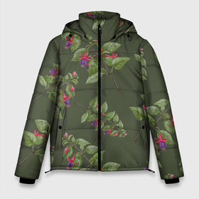 Мужская зимняя куртка 3D с принтом Ветки фуксии на темно зеленом в Тюмени, верх — 100% полиэстер; подкладка — 100% полиэстер; утеплитель — 100% полиэстер | длина ниже бедра, свободный силуэт Оверсайз. Есть воротник-стойка, отстегивающийся капюшон и ветрозащитная планка. 

Боковые карманы с листочкой на кнопках и внутренний карман на молнии. | 8 марта | flowers | summer | ботаническая иллюстрация | весна | зеленый | лето | листья | любовь | оливковый | праздник | принт | природа | растения | розовый | фиолетовый | фуксия | цветы