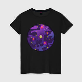 Женская футболка хлопок с принтом Мой космос! в Тюмени, 100% хлопок | прямой крой, круглый вырез горловины, длина до линии бедер, слегка спущенное плечо | tgcarpg | звезды | кометы | космос | планеты | розовый | солнце | фиолетовый