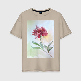 Женская футболка хлопок Oversize с принтом Пион в Тюмени, 100% хлопок | свободный крой, круглый ворот, спущенный рукав, длина до линии бедер
 | tgcarpg | акварель | живопись | искусство | красный | пион | цветок