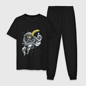 Мужская пижама хлопок с принтом Шимпанзе космонавт с бананом в Тюмени, 100% хлопок | брюки и футболка прямого кроя, без карманов, на брюках мягкая резинка на поясе и по низу штанин
 | Тематика изображения на принте: astronaut | banana | nasa | астронавт | банан | в космосе | в скафандре | в шлеме | горилла | за бананом | звезды | космонавт | мартышка | наса | невесомость | обезьяна | пародия | полет | прикол | примат | ракета