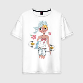 Женская футболка хлопок Oversize с принтом Мечтательная в Тюмени, 100% хлопок | свободный крой, круглый ворот, спущенный рукав, длина до линии бедер
 | tegunvteg | дама с собачкой | кошечка | силуэт | спорт