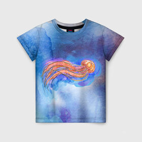 Детская футболка 3D с принтом Медуза акварелью в Тюмени, 100% гипоаллергенный полиэфир | прямой крой, круглый вырез горловины, длина до линии бедер, чуть спущенное плечо, ткань немного тянется | акварель | медуза | море | морская | океан | оранжевый | рисунок | синий