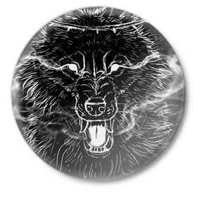 Значок с принтом Canis Inferos в Тюмени,  металл | круглая форма, металлическая застежка в виде булавки | адская гончая | венок | волк | дым | злой | оскал | фазы луны