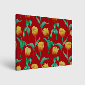 Холст прямоугольный с принтом Тюльпаны на красном фоне в Тюмени, 100% ПВХ |  | 8 марта | flowers | summer | ботаническая иллюстрация | весна | желтый | зеленый | красный | лето | любовь | праздник | принт | природа | растения | тюльпаны | цветы