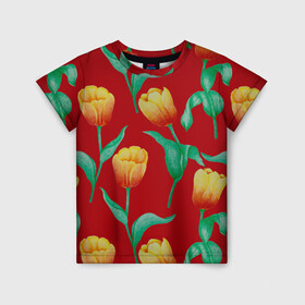 Детская футболка 3D с принтом Тюльпаны на красном фоне в Тюмени, 100% гипоаллергенный полиэфир | прямой крой, круглый вырез горловины, длина до линии бедер, чуть спущенное плечо, ткань немного тянется | Тематика изображения на принте: 8 марта | flowers | summer | ботаническая иллюстрация | весна | желтый | зеленый | красный | лето | любовь | праздник | принт | природа | растения | тюльпаны | цветы