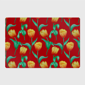 Магнитный плакат 3Х2 с принтом Тюльпаны на красном фоне в Тюмени, Полимерный материал с магнитным слоем | 6 деталей размером 9*9 см | 8 марта | flowers | summer | ботаническая иллюстрация | весна | желтый | зеленый | красный | лето | любовь | праздник | принт | природа | растения | тюльпаны | цветы