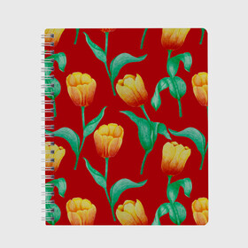 Тетрадь с принтом Тюльпаны на красном фоне в Тюмени, 100% бумага | 48 листов, плотность листов — 60 г/м2, плотность картонной обложки — 250 г/м2. Листы скреплены сбоку удобной пружинной спиралью. Уголки страниц и обложки скругленные. Цвет линий — светло-серый
 | 8 марта | flowers | summer | ботаническая иллюстрация | весна | желтый | зеленый | красный | лето | любовь | праздник | принт | природа | растения | тюльпаны | цветы