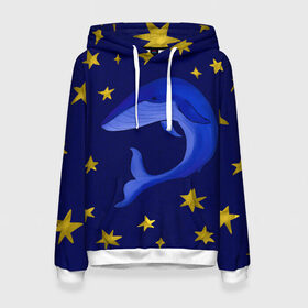 Женская толстовка 3D с принтом Звездный кит в Тюмени, 100% полиэстер  | двухслойный капюшон со шнурком для регулировки, мягкие манжеты на рукавах и по низу толстовки, спереди карман-кенгуру с мягким внутренним слоем. | Тематика изображения на принте: звезды | золотые | кит | ночное небо | синий | созвездие