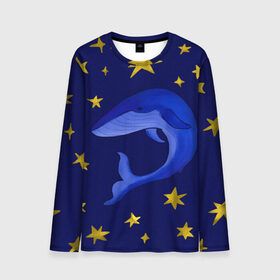 Мужской лонгслив 3D с принтом Звездный кит в Тюмени, 100% полиэстер | длинные рукава, круглый вырез горловины, полуприлегающий силуэт | Тематика изображения на принте: звезды | золотые | кит | ночное небо | синий | созвездие